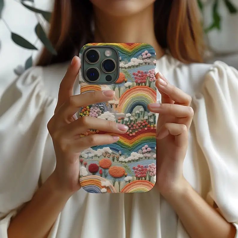 Rainbow Faux Embroidered Phone Case For IPHONE 15PRO MAX 14 13 12 11 PRO Plus 15pro Acrylic TPU Two in one Mobile Phone Cases
