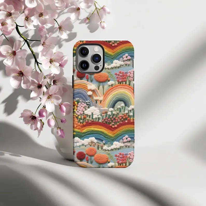 Rainbow Faux Embroidered Phone Case For IPHONE 15PRO MAX 14 13 12 11 PRO Plus 15pro Acrylic TPU Two in one Mobile Phone Cases