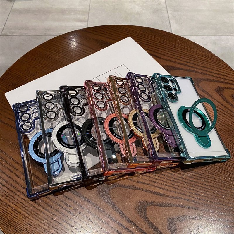 Four Corners Air Cushion Anti Drop Transparent Electroplated Magnetic Stand Protective Case For Samsung Galaxy S24 S23 S22 Ultra