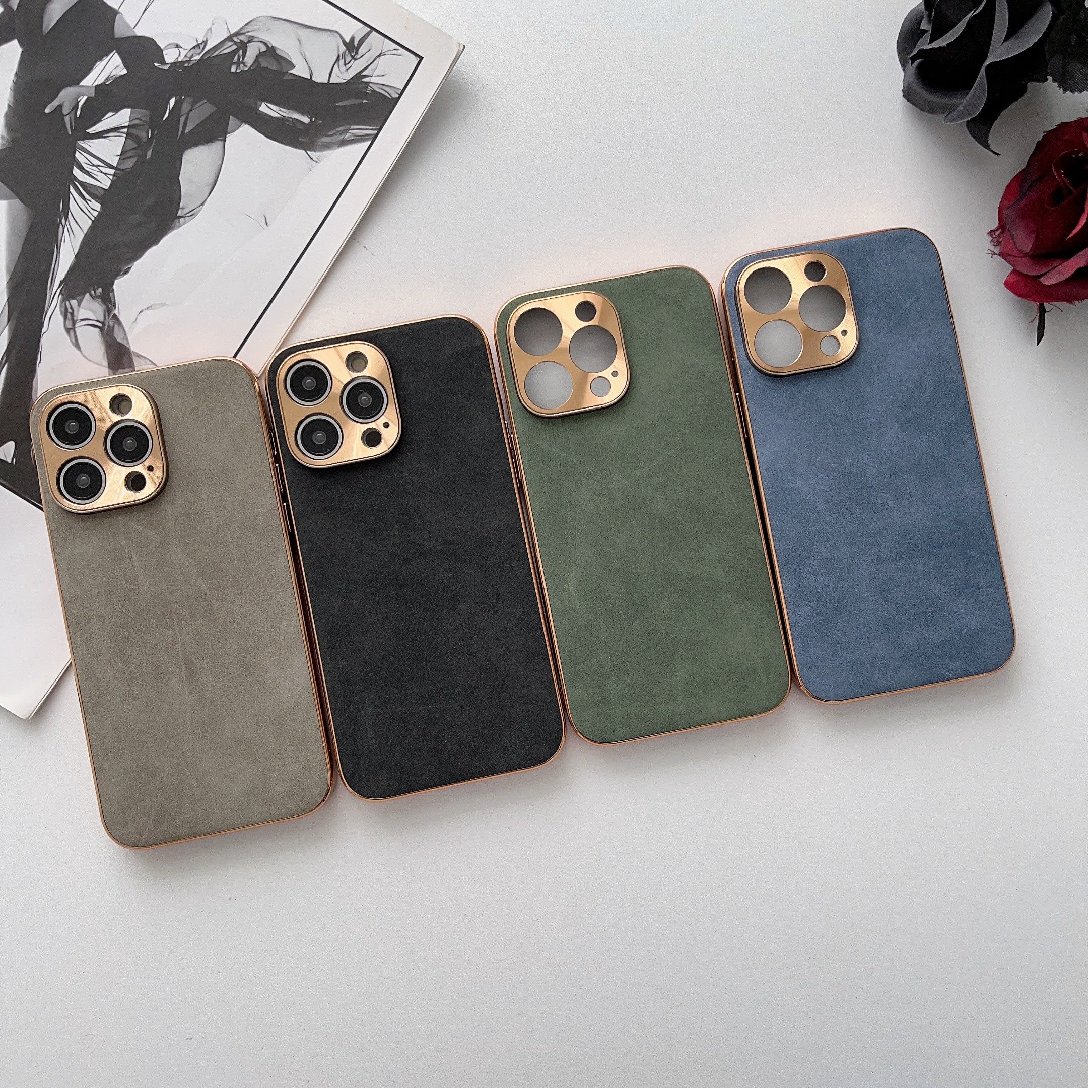 Luxury PU Leather Mobile Phone Case For iPhone 11 12 13 14 Pro Max 14 Plus Electroplated Frame Lambskin Phone Cover