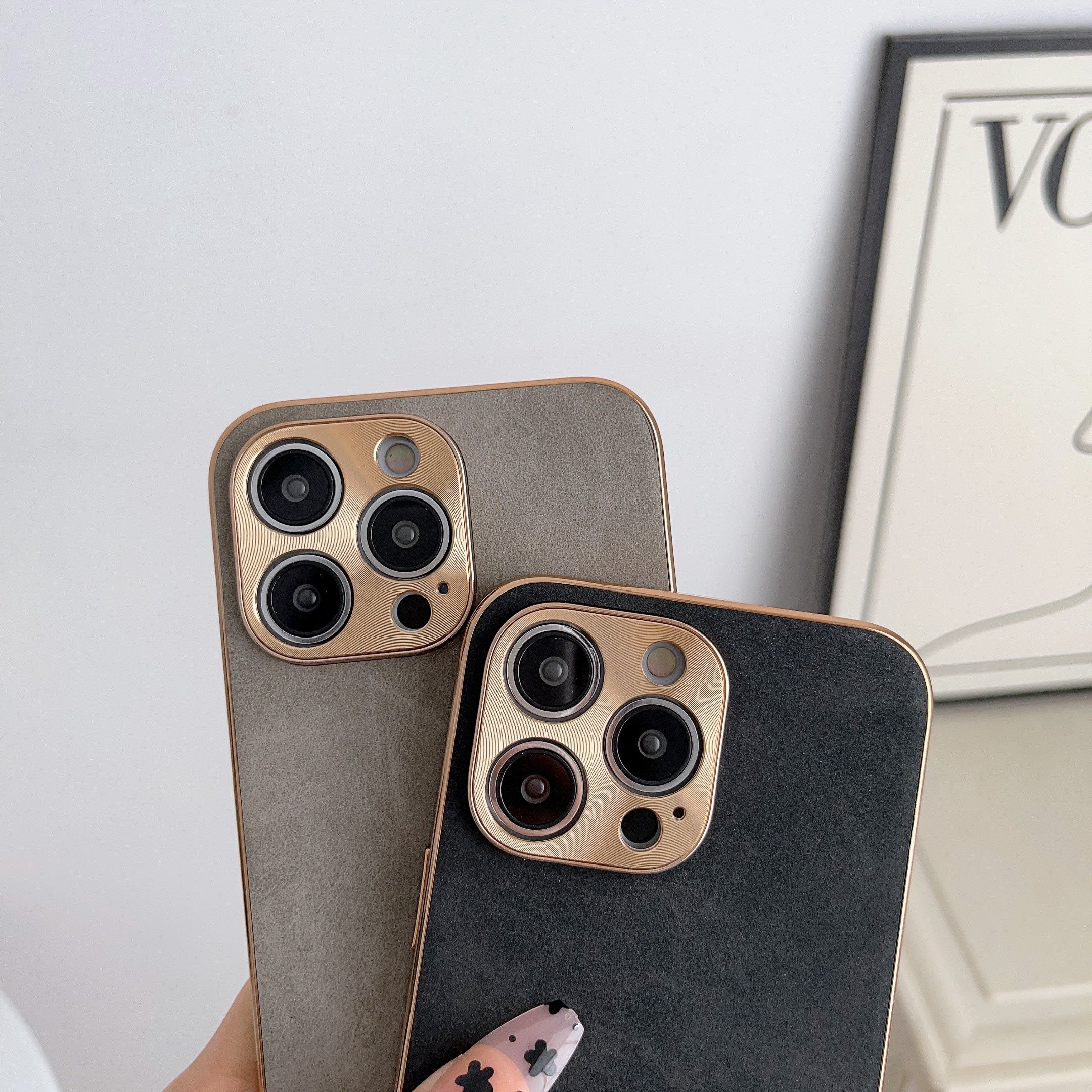 Luxury PU Leather Mobile Phone Case For iPhone 11 12 13 14 Pro Max 14 Plus Electroplated Frame Lambskin Phone Cover