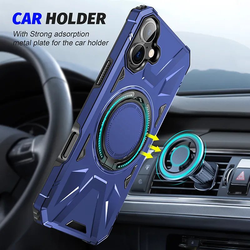 New Armor-Style Anti-Shock Mobile Phone Case for iPhone 16 Pro Max Hard Magnet Protective Back Cover with Kickstand Bracket