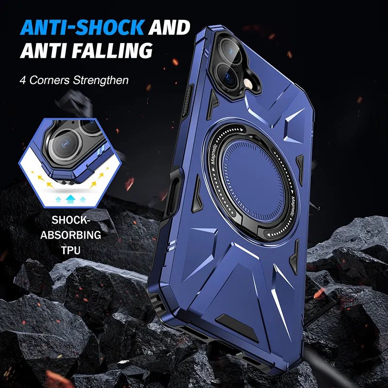 New Armor-Style Anti-Shock Mobile Phone Case for iPhone 16 Pro Max Hard Magnet Protective Back Cover with Kickstand Bracket