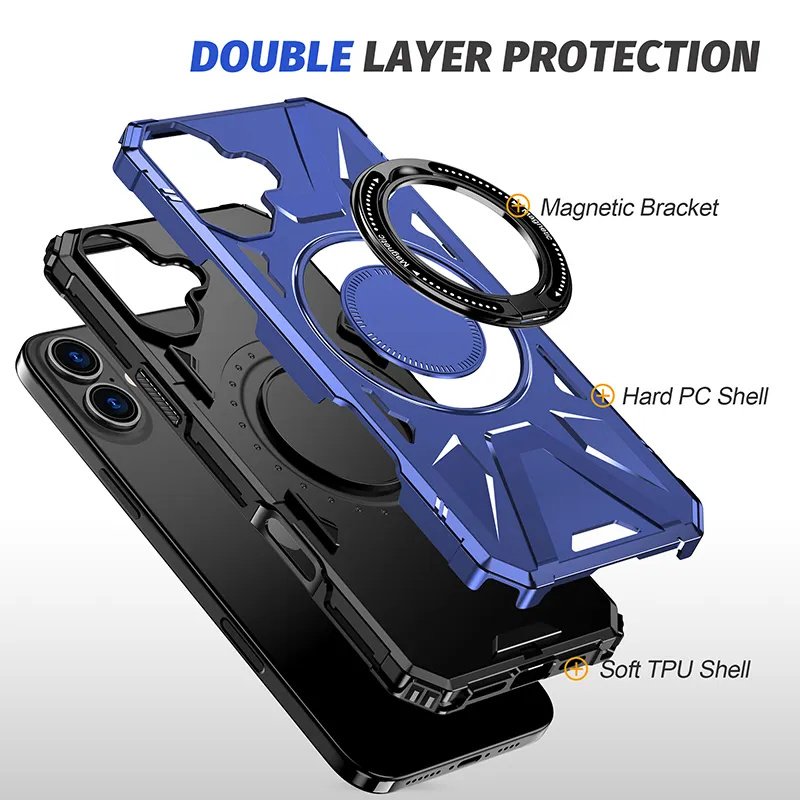 New Armor-Style Anti-Shock Mobile Phone Case for iPhone 16 Pro Max Hard Magnet Protective Back Cover with Kickstand Bracket