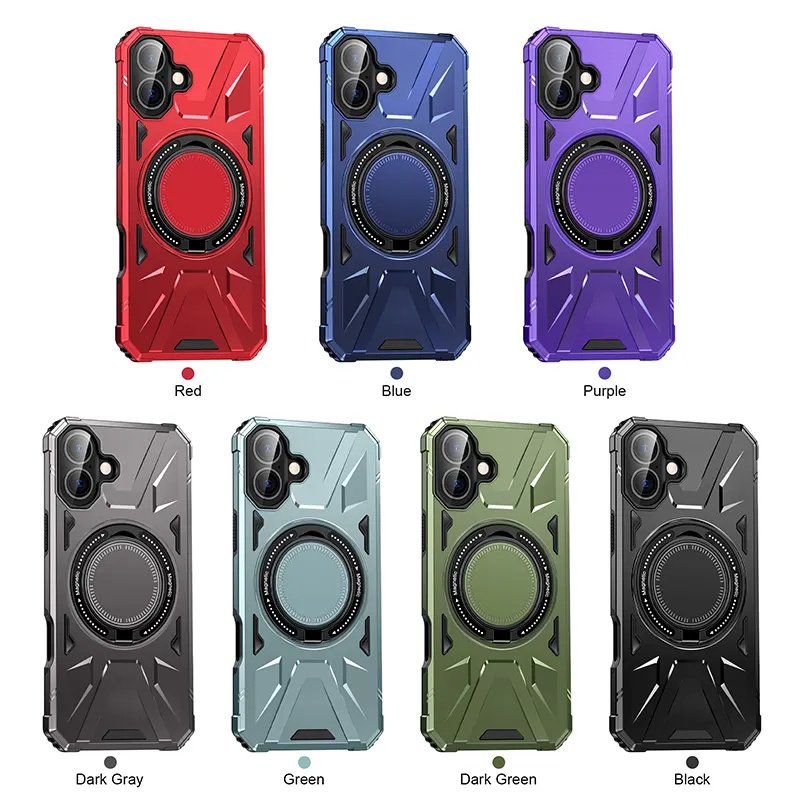 New Armor-Style Anti-Shock Mobile Phone Case for iPhone 16 Pro Max Hard Magnet Protective Back Cover with Kickstand Bracket