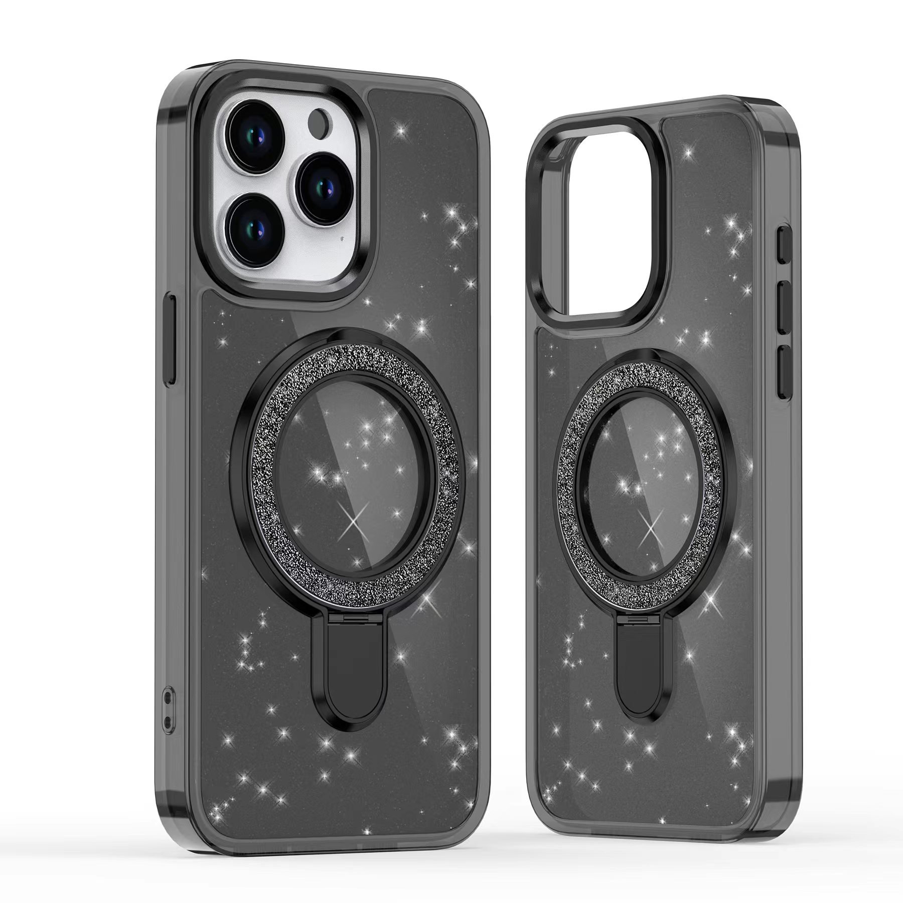 Design Case for Phone Glitter Clear Case with 360 Magnetic Kickstand Mobile Phones Cover for iPhone16 pro max with Metal Button