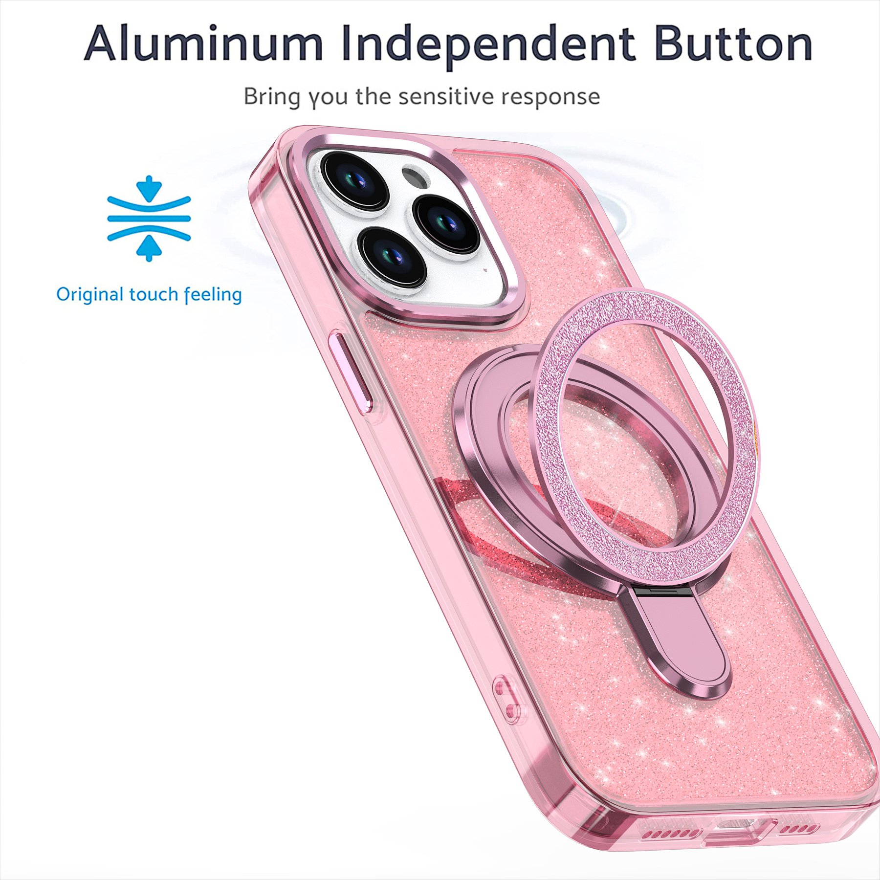 Design Case for Phone Glitter Clear Case with 360 Magnetic Kickstand Mobile Phones Cover for iPhone16 pro max with Metal Button
