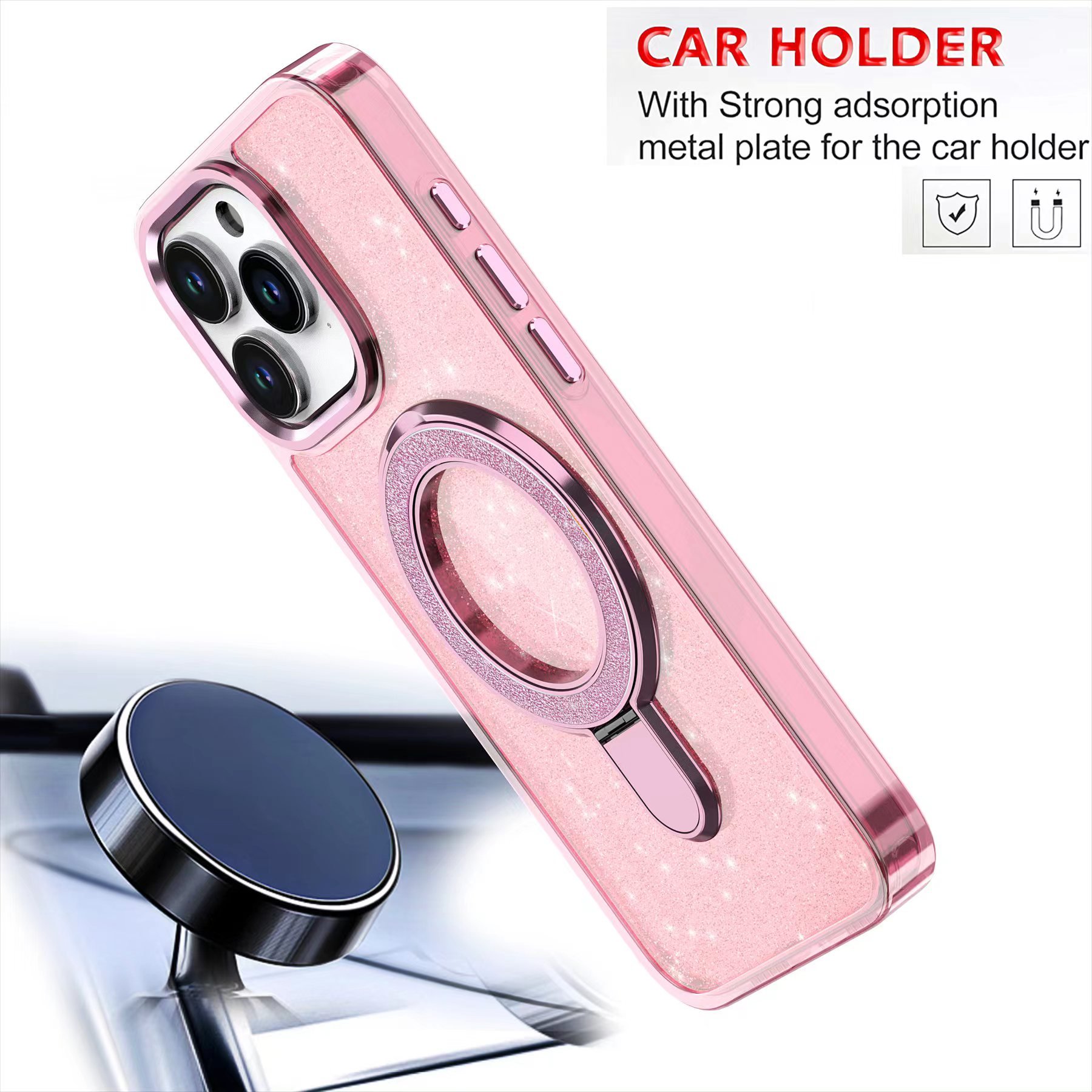 Design Case for Phone Glitter Clear Case with 360 Magnetic Kickstand Mobile Phones Cover for iPhone16 pro max with Metal Button