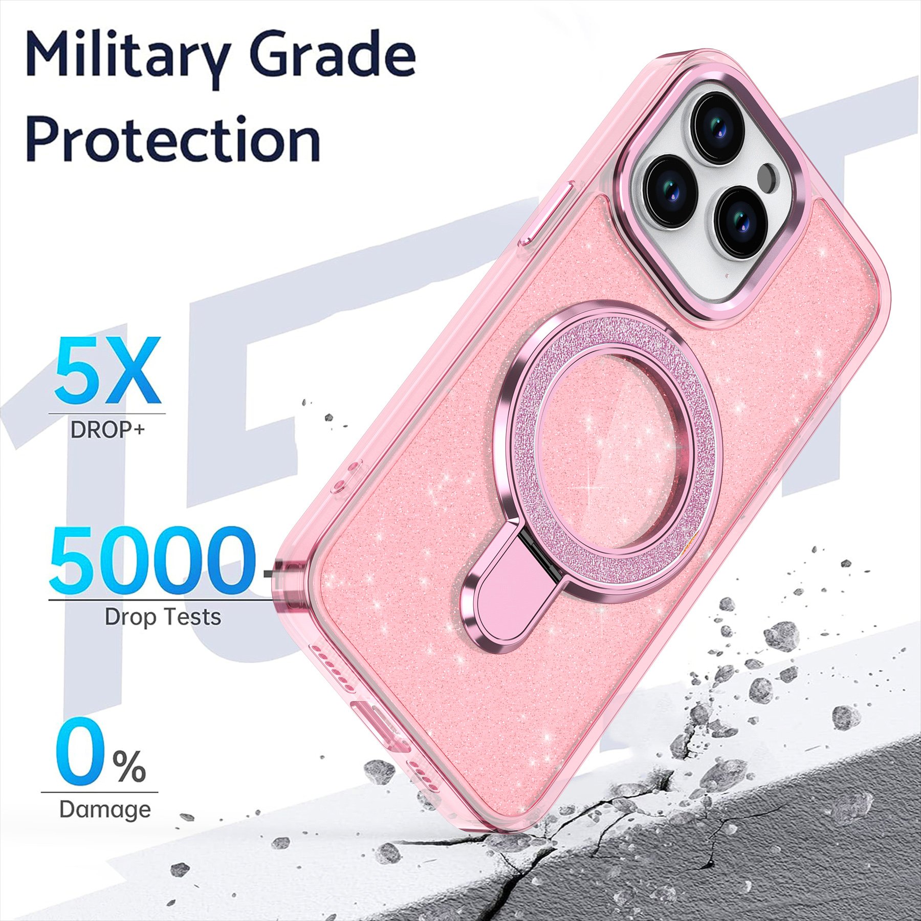 Design Case for Phone Glitter Clear Case with 360 Magnetic Kickstand Mobile Phones Cover for iPhone16 pro max with Metal Button