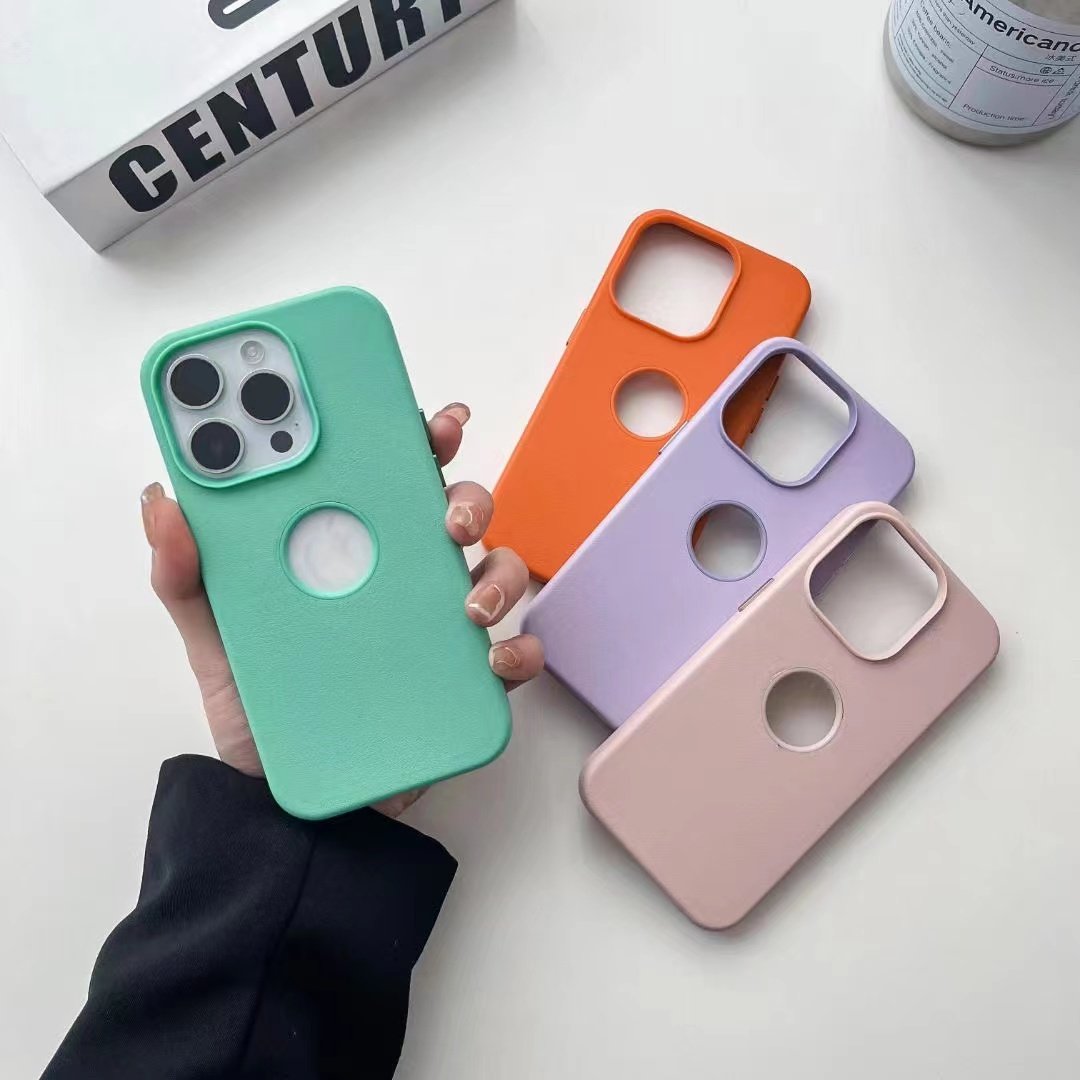 Original PU Leather PC Magnetic aluminum alloy button Design Display Logo cut Phone case for iPhone 12 13 14 15 Pro