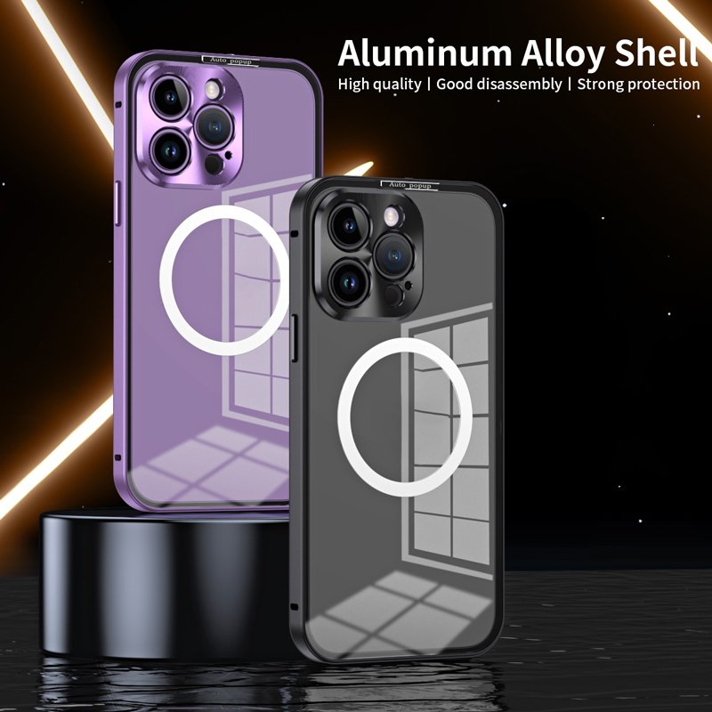 High Quality Silver Snap Metal Frame Magnetic Charging Phone Case For iPhone 15 Plus 12 13 14 Pro 15 ProMax Acrylic Back Cover