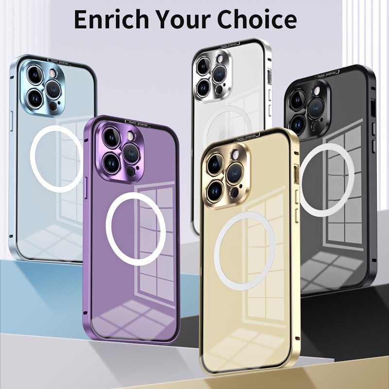 High Quality Silver Snap Metal Frame Magnetic Charging Phone Case For iPhone 15 Plus 12 13 14 Pro 15 ProMax Acrylic Back Cover