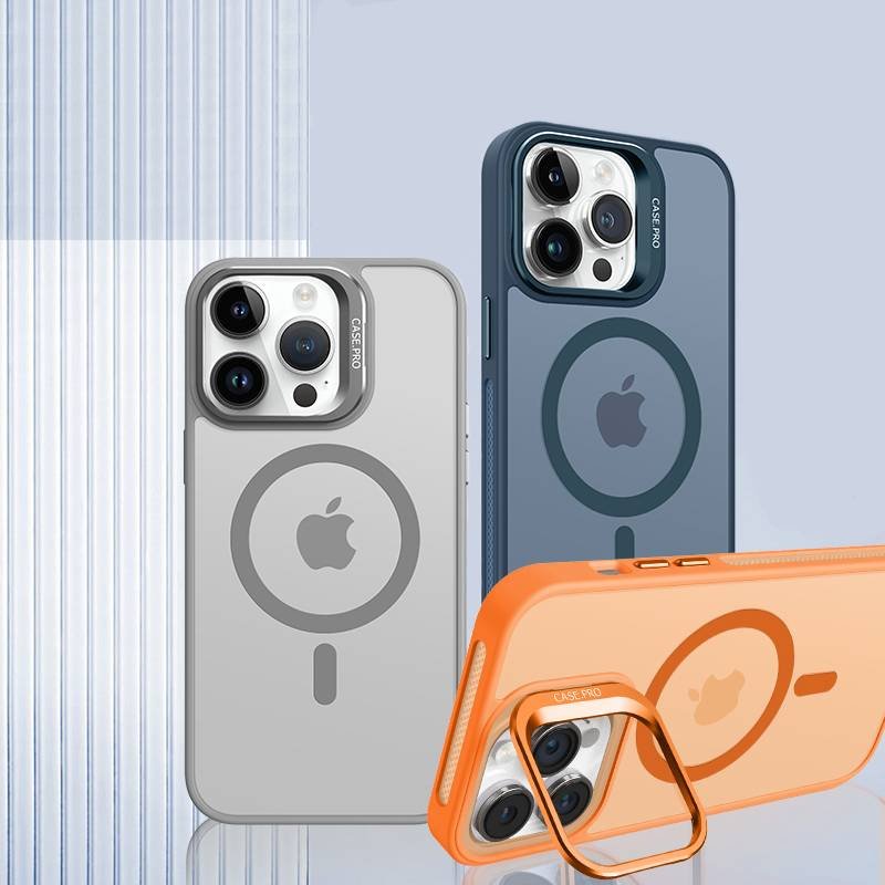 Metal Bracket Frosted Acrylic Magnetic Phone Case For iPhone 15 14 11 12 13 Pro Max Mobile Phone Case With Lens protection film