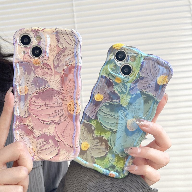 Oil Painting IMD Flower Silicone Mobile Phone Case For iPhone 15 14 13 12 11 Pro max Cute Rubber Blu Ray Shockproof Back Cover