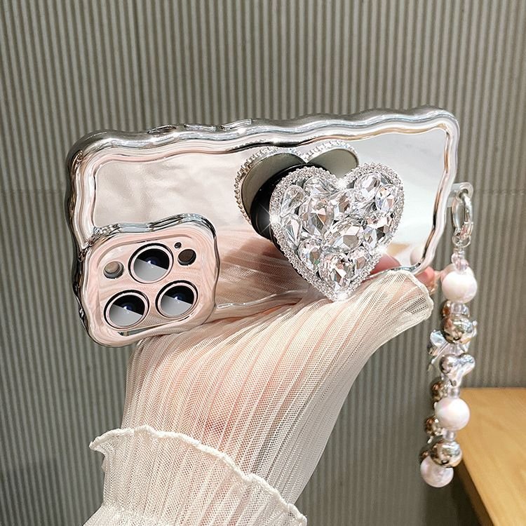 Fashion Mirror Diamond holder Silicone Mobile Phone Case For iPhone 16 15 14 13 Pro max love stand sling Shockproof Back cover