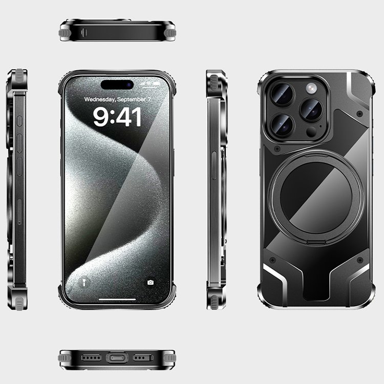 Aluminum Alloy Frame Phone Case For iPhone 15 16 Pro Max Magnetic Ring Holder Mobile Phone Shell For iPhone 14 13 12 11 Pro Max