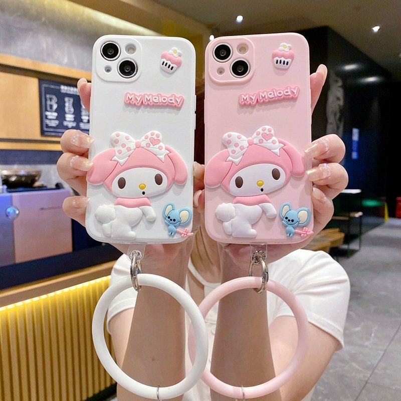 Cute Cartoon Kulomi silicone Mobile Phone Case For iPhone 16 15 14 13 12 Pro max Ring Melody tpu sling 3D Shockproof Back Cover