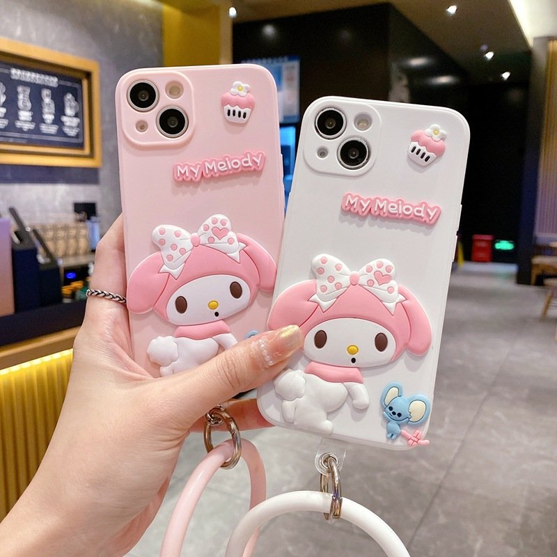 Cute Cartoon Kulomi silicone Mobile Phone Case For iPhone 16 15 14 13 12 Pro max Ring Melody tpu sling 3D Shockproof Back Cover