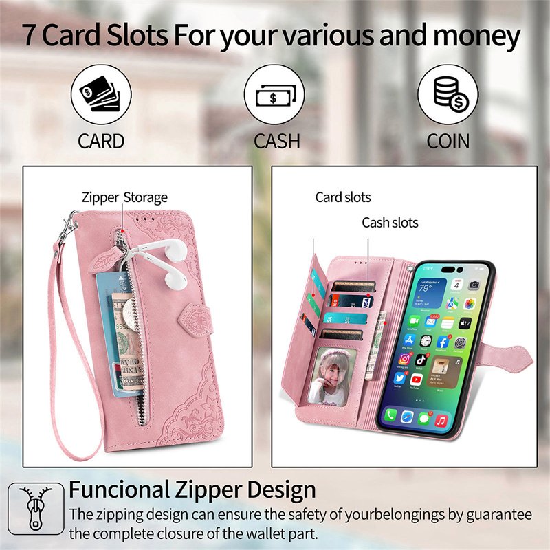 OEM High Quality Flip Leather Embossed Phone Cover With Zipper Wallet Stand Mobile Phone Case for iPhone for Samsung