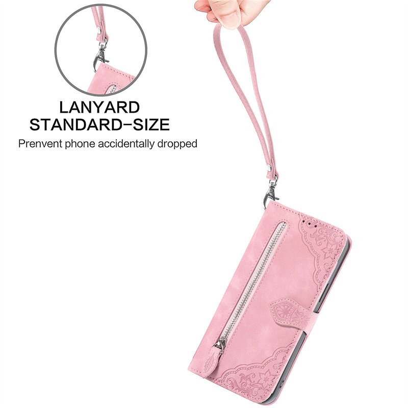 OEM High Quality Flip Leather Embossed Phone Cover With Zipper Wallet Stand Mobile Phone Case for iPhone for Samsung