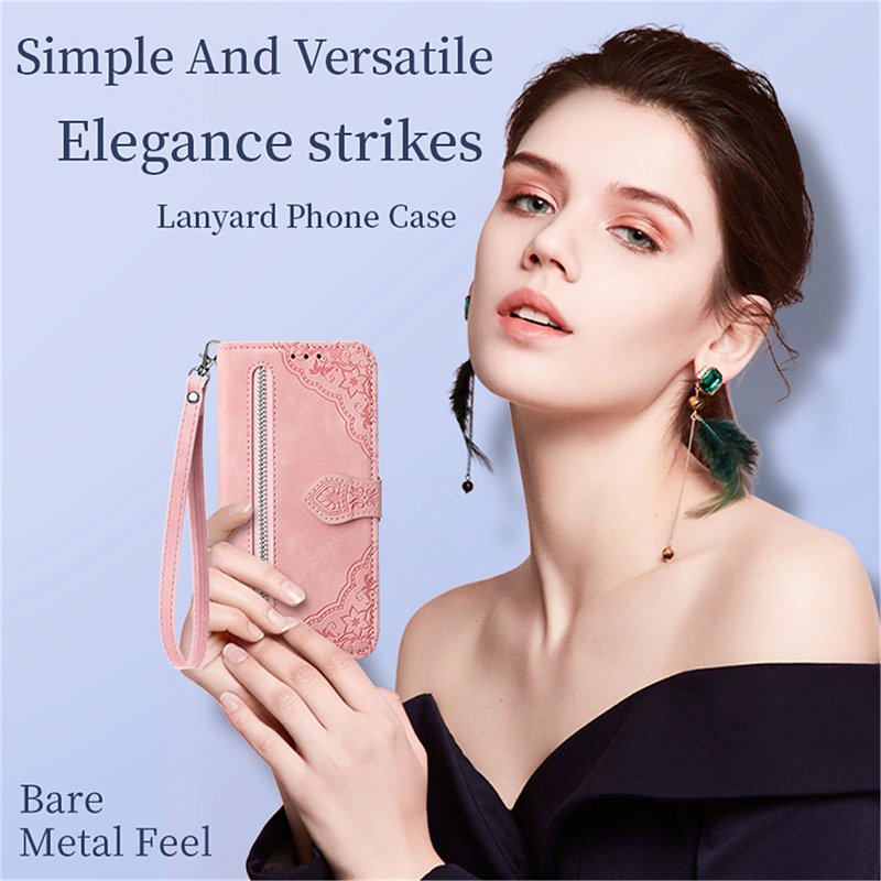 OEM High Quality Flip Leather Embossed Phone Cover With Zipper Wallet Stand Mobile Phone Case for iPhone for Samsung