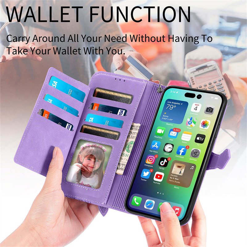 OEM High Quality Flip Leather Embossed Phone Cover With Zipper Wallet Stand Mobile Phone Case for iPhone for Samsung