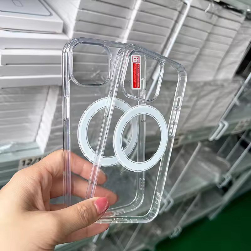 Clear Transparent Shockproof Mobile Phone Case Acrylic Back With Wireless Charging magnetic phone cover for iphone 12 13 15 16