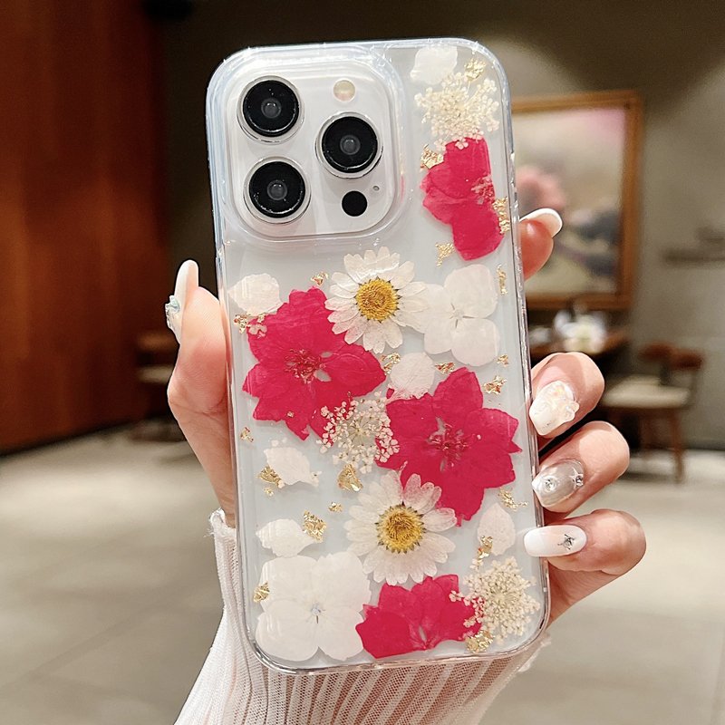 Colorful Real Dry Flower Thick Soft TPU Mobile Phone Cases for iPhone 15 Pro Max