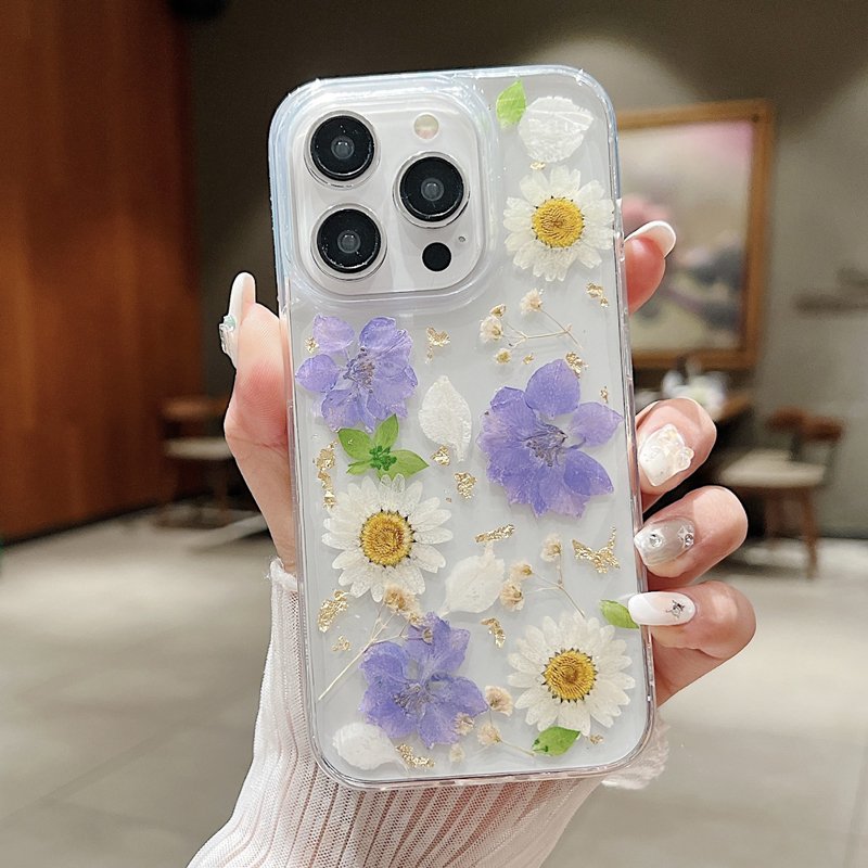 Colorful Real Dry Flower Thick Soft TPU Mobile Phone Cases for iPhone 15 Pro Max