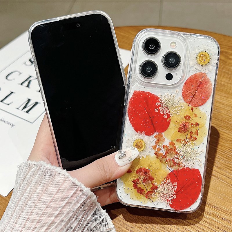 Colorful Real Dry Flower Thick Soft TPU Mobile Phone Cases for iPhone 15 Pro Max