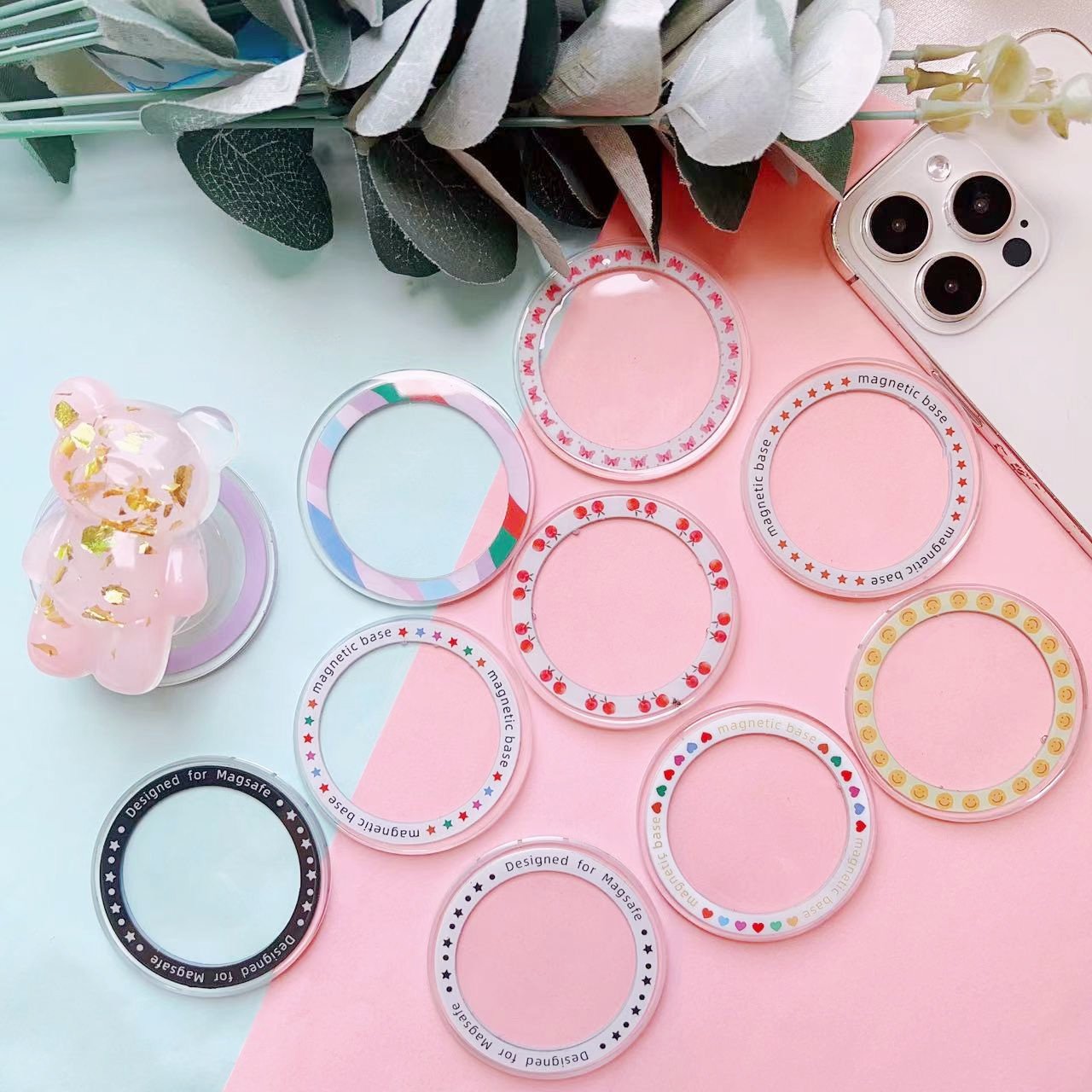 Round Painted Magnetic Base Universal Mobile Phone Case With Accessories Solid Color Heart Magnetic Stand Base Grip Ring Holder