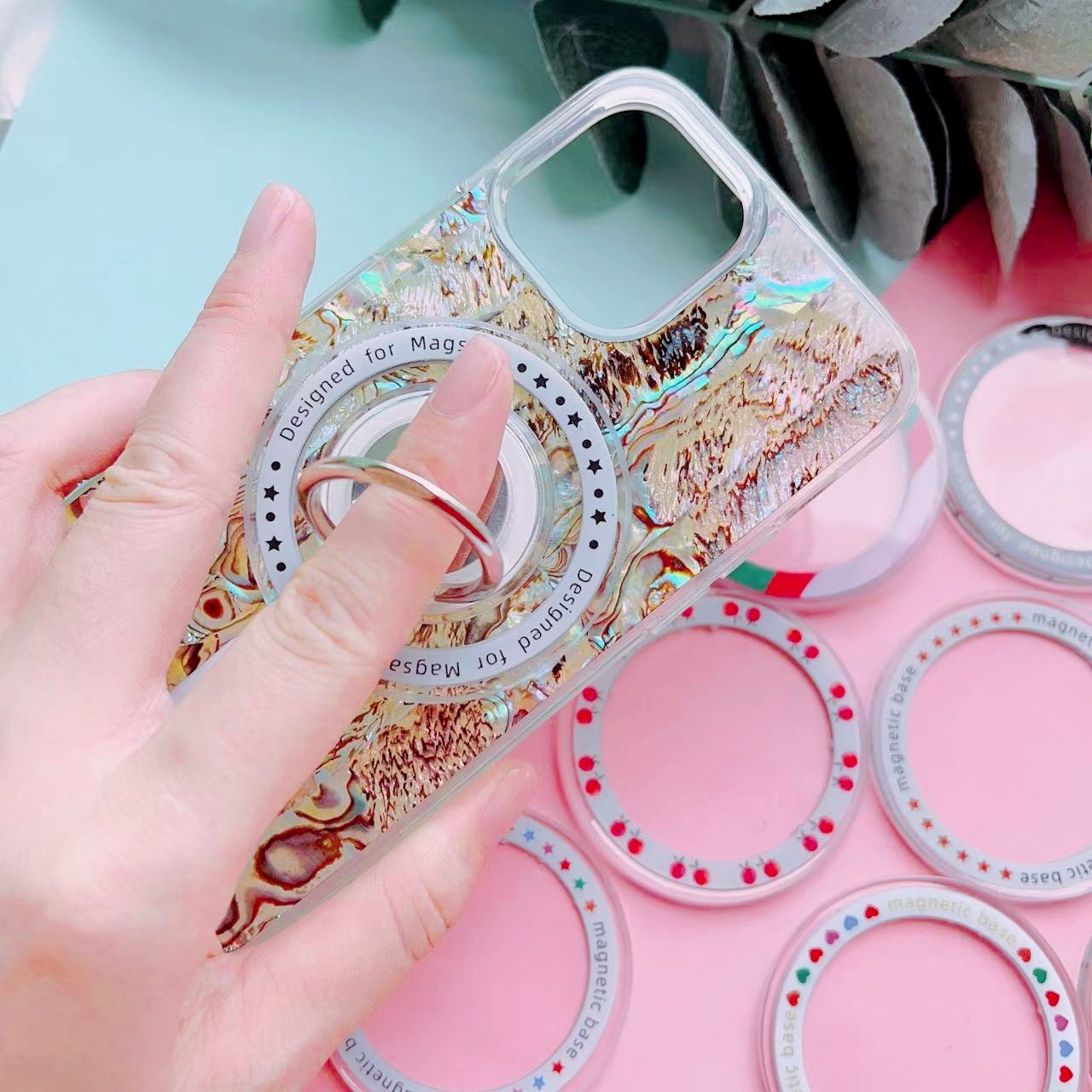 Round Painted Magnetic Base Universal Mobile Phone Case With Accessories Solid Color Heart Magnetic Stand Base Grip Ring Holder