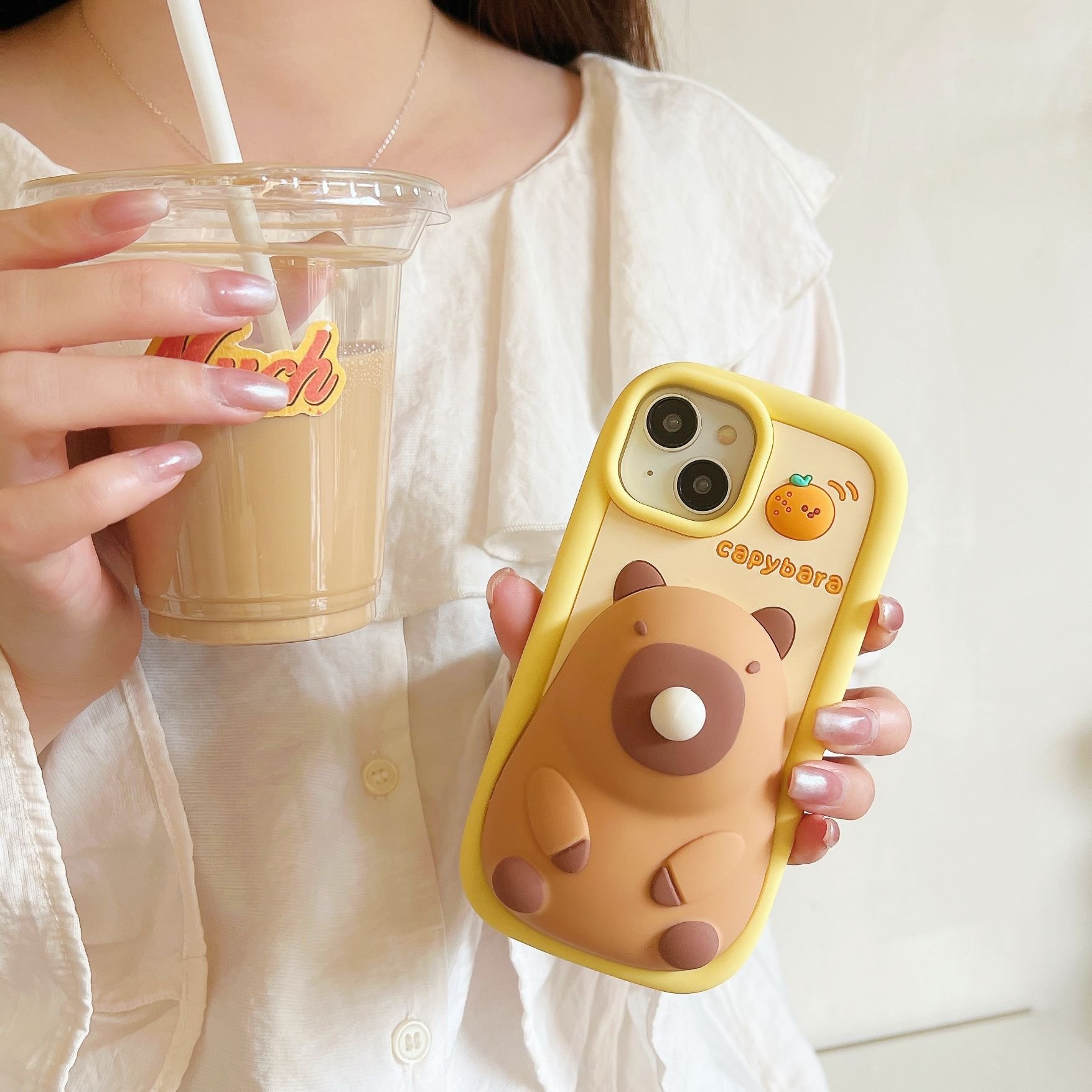 Cute capybara Blow bubbles Silicone Mobile Phone Case For iPhone 16 15 14 13 12 11 Pro max custom Cartoon Shockproof Back Cover
