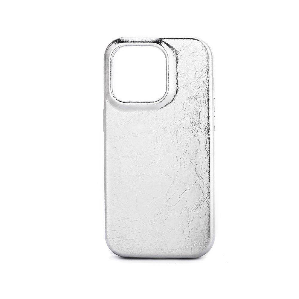 Burst grain leather Phone case Silver Vegan leather for iphone 14 series