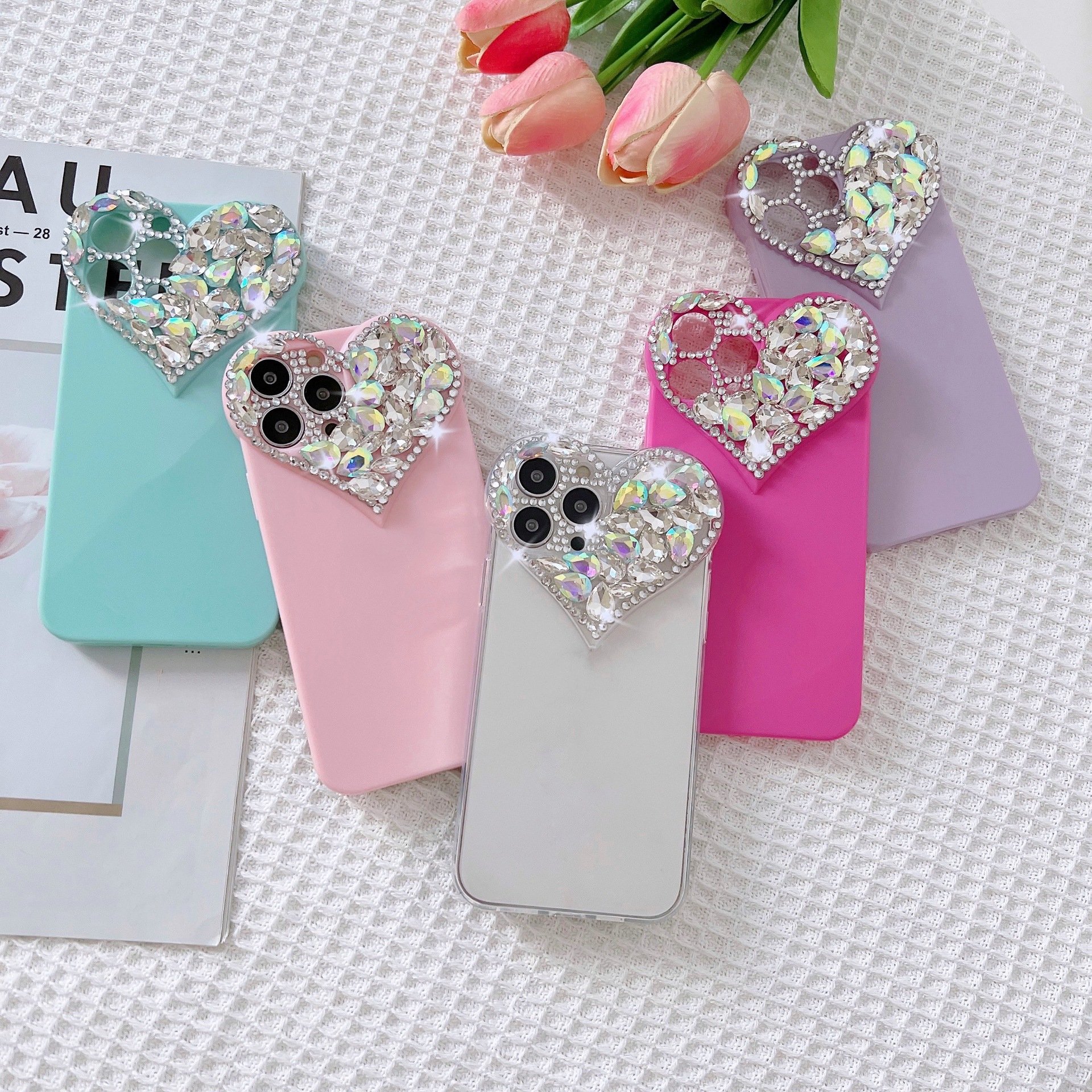 Women Luxury Diamond Mobile Phone Case Bling Heart Girls Cellphone Protect Back Cover Case For iPhone