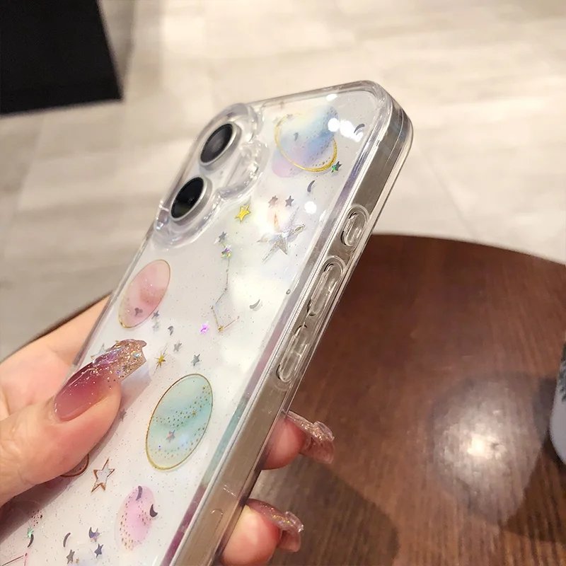 Epoxy Soft Glitter Space Planet Moon Silicone Clear Case for IPhone 16 15 14 13 12 Pro Max