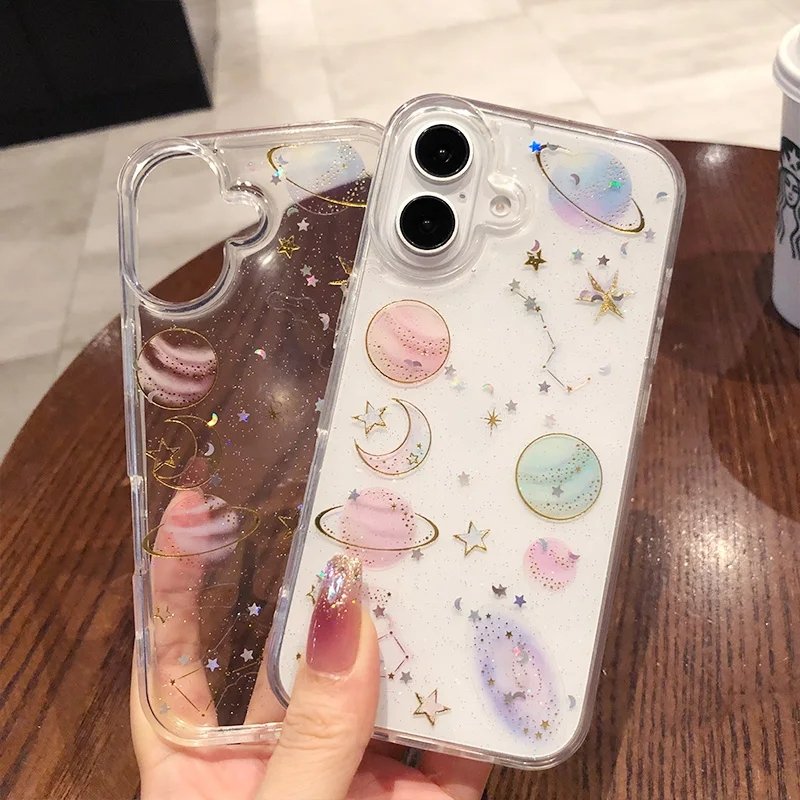 Epoxy Soft Glitter Space Planet Moon Silicone Clear Case for IPhone 16 15 14 13 12 Pro Max