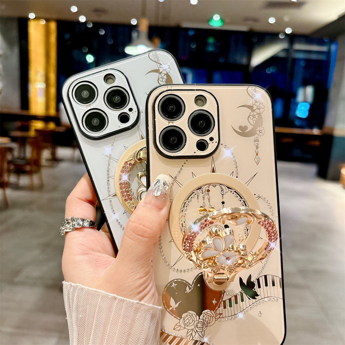 2024 New Luxury Phone Cover,For Iphone 16 15 14 13 Pro Max Rhinestones Case & Magnetic Ring Holder Stand Cases