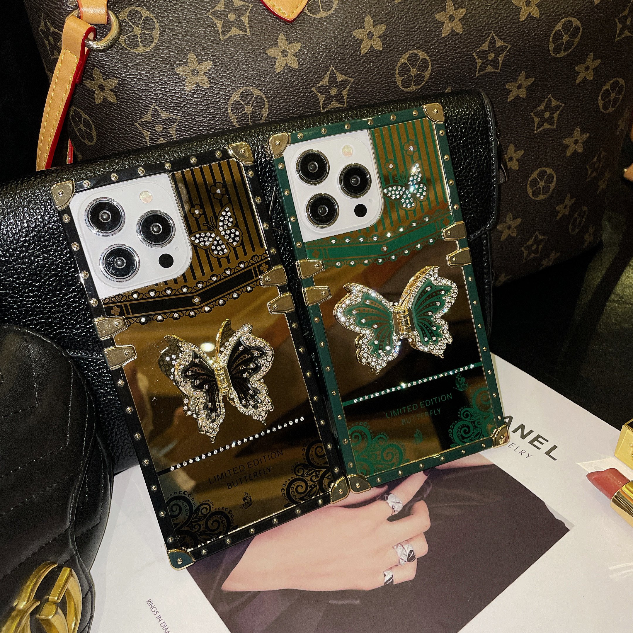 Quadrate Luxury Mobile Phone Cases For iPhone 16 15 14 13 Pro Max Diamond Butterfly Bling Glitter Shockproof Back Cover