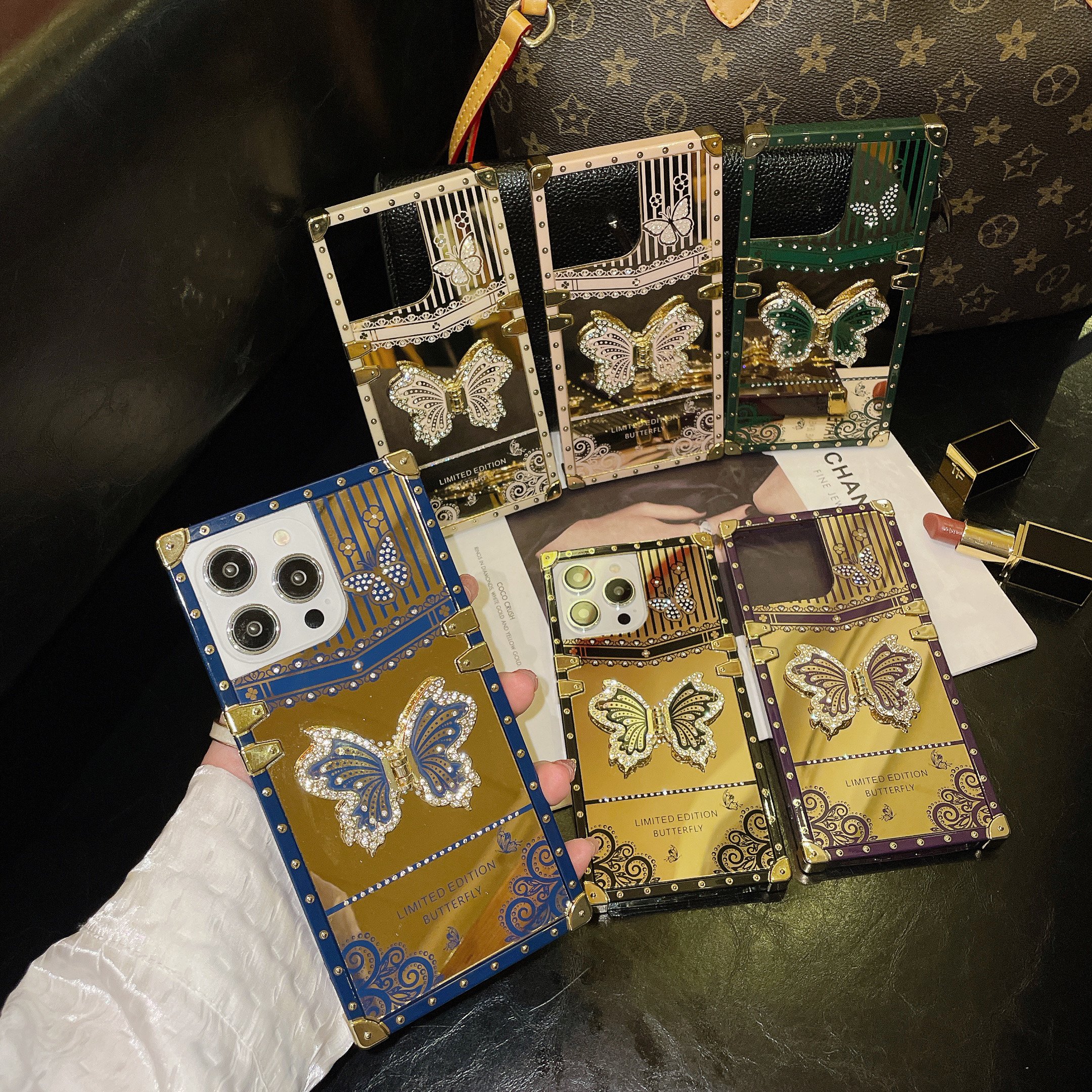 Quadrate Luxury Mobile Phone Cases For iPhone 16 15 14 13 Pro Max Diamond Butterfly Bling Glitter Shockproof Back Cover