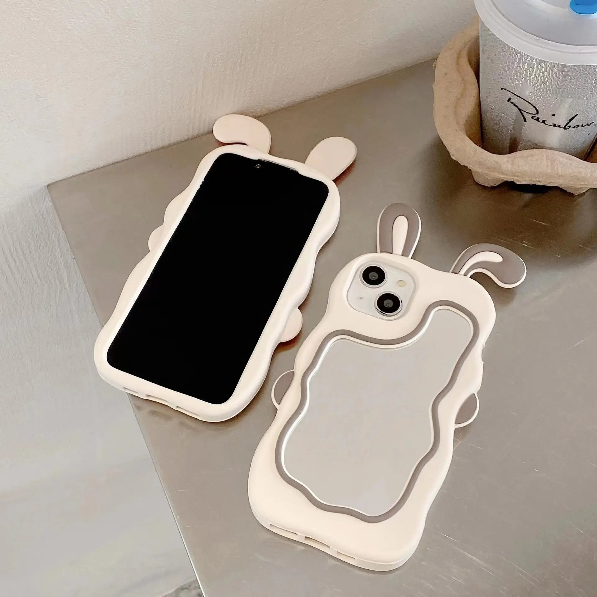 3D Cartoon Rabbit Ear Silicone Mobile Phone Case For iPhone 15 14 13 12 11 Pro max Mirror Shockproof Back Frosted cover