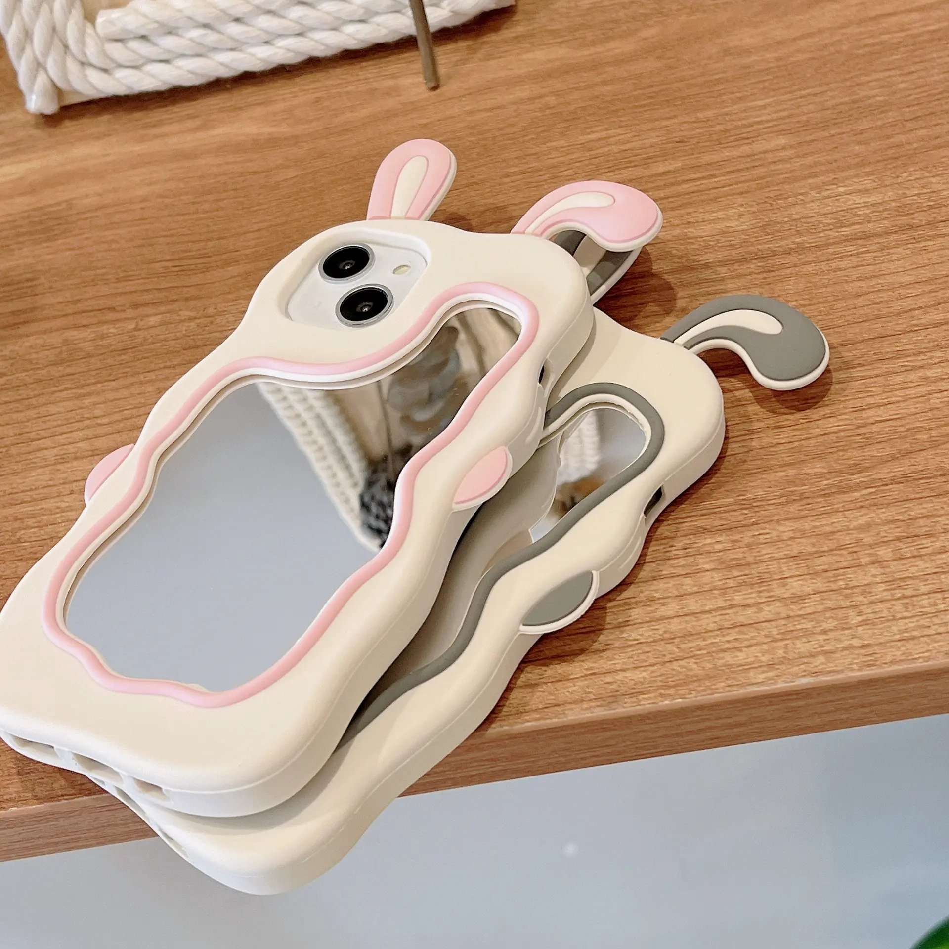 3D Cartoon Rabbit Ear Silicone Mobile Phone Case For iPhone 15 14 13 12 11 Pro max Mirror Shockproof Back Frosted cover
