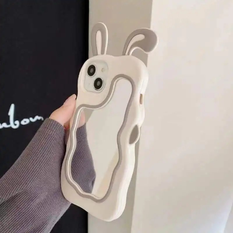 3D Cartoon Rabbit Ear Silicone Mobile Phone Case For iPhone 15 14 13 12 11 Pro max Mirror Shockproof Back Frosted cover