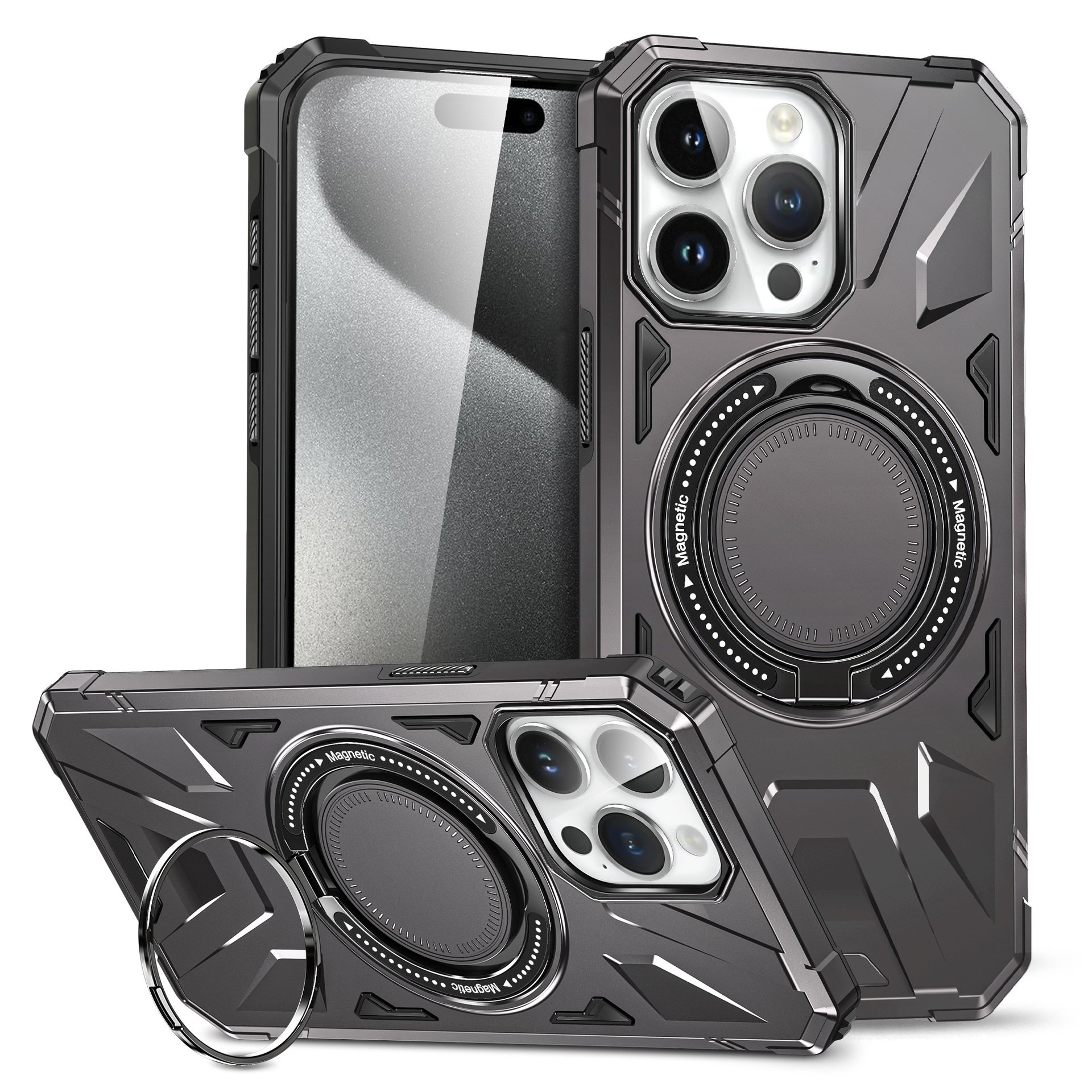 Armor Phone Cover for IPhone 16 Pro Max Magnetic Ring Holder Shockproof 14 Plus Mobile Phone Case.