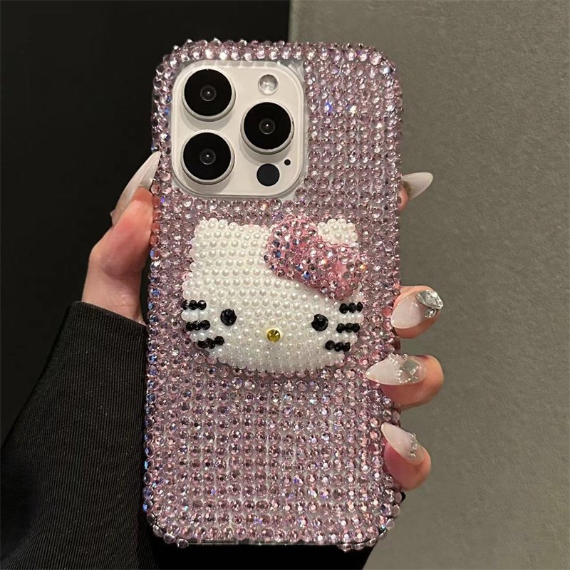 Japan Korean Fashion Kitty Cat Full Pink Rhinestone Luxury Diamond Phone Case For Iphone 12 13 14 15 Pro Max