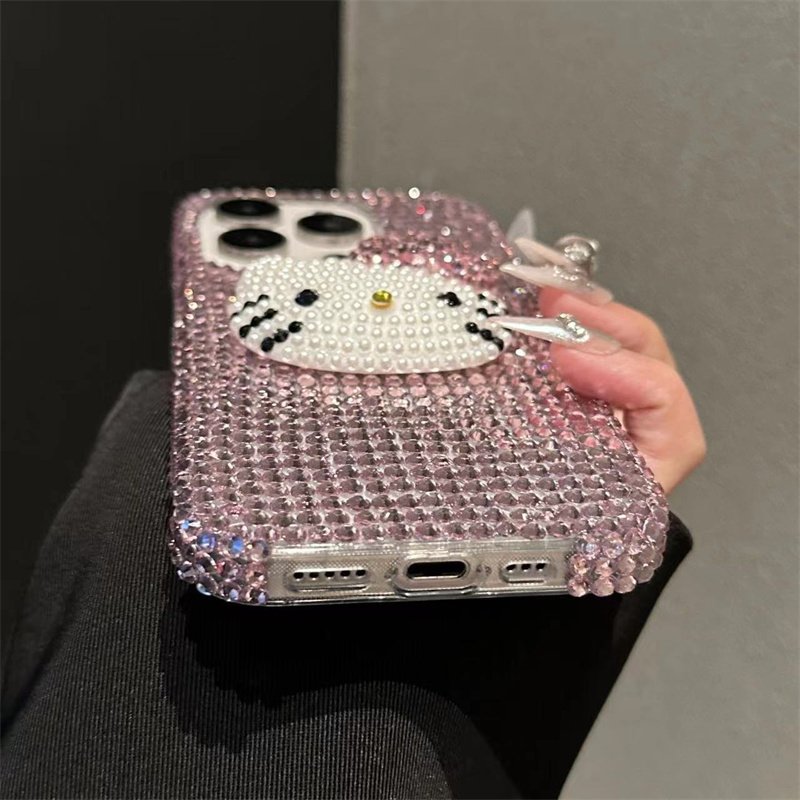 Japan Korean Fashion Kitty Cat Full Pink Rhinestone Luxury Diamond Phone Case For Iphone 12 13 14 15 Pro Max