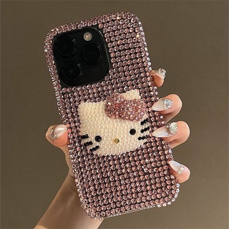 Japan Korean Fashion Kitty Cat Full Pink Rhinestone Luxury Diamond Phone Case For Iphone 12 13 14 15 Pro Max