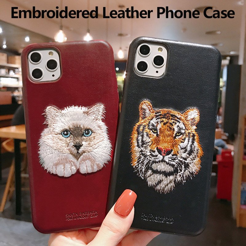 3D POLO Tiger Wolf Cat Leopard Leather Embroidered Phone Case for iPhone