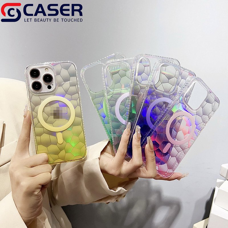 Hot Gradient Laser Flake Magnet Mobile Phone Case Luxurious Trendy Transparent TPU PC 2 in 1 Phone Case For Iphone 15 16 14