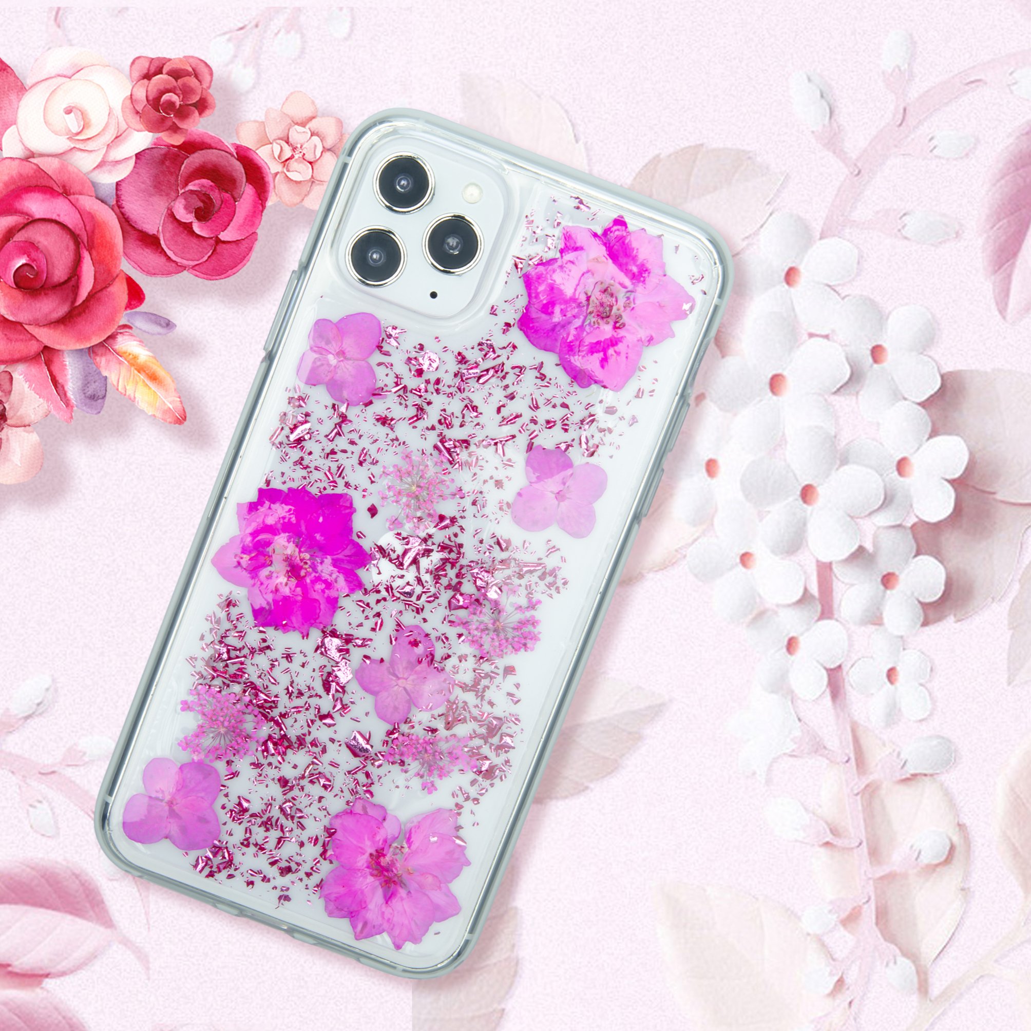 Manufacturer Custom Anti-Shocki-Shock Bloom Print Tpu Glitter Mobile Phone Case For iphone 11 12pro Max Case Clear Flower Design